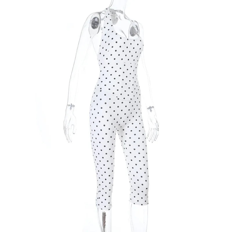 Black Polka Dot Halter Backless Cropped Jumpsuit Waist Corset Belt Back Lace Up Bodycon Slim Fit Casual Sexy 2026 Trend