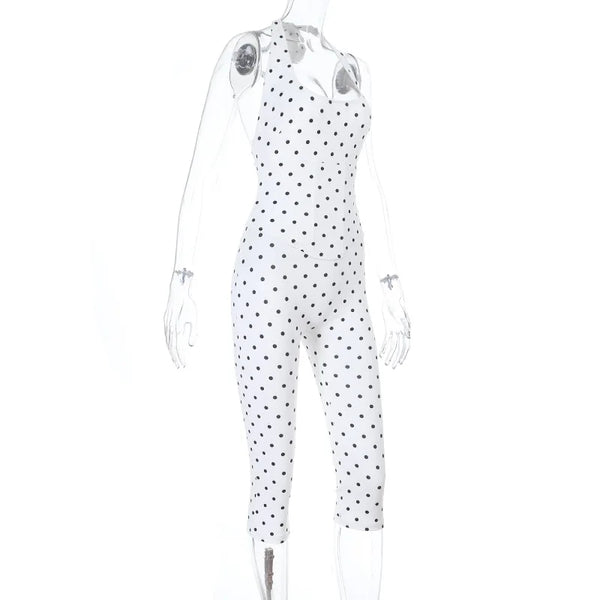 Black Polka Dot Halter Backless Cropped Jumpsuit Waist Corset Belt Back Lace Up Bodycon Slim Fit Casual Sexy 2026 Trend