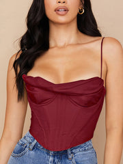 NewAsia Satin Corset Top Spaghetti Strap Lining Cowl Neck Boning Padded 2Layer Backless Zipper Bustier Sexy Crop Tops Women 2021