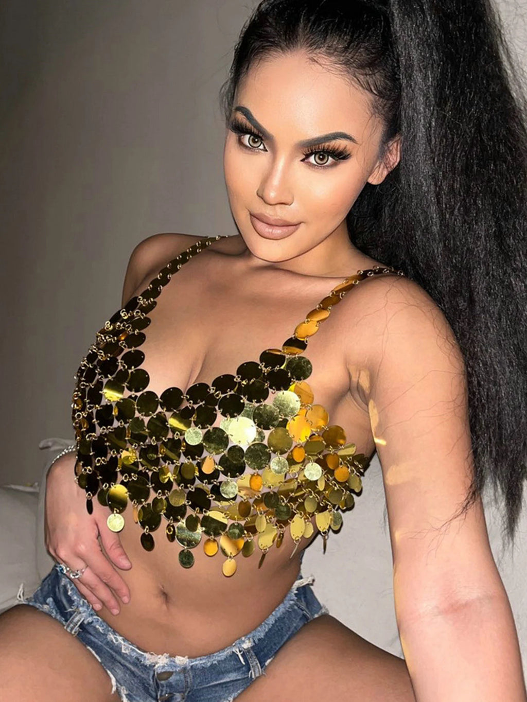 Aurelia Metal Sequin Corset Crop Top