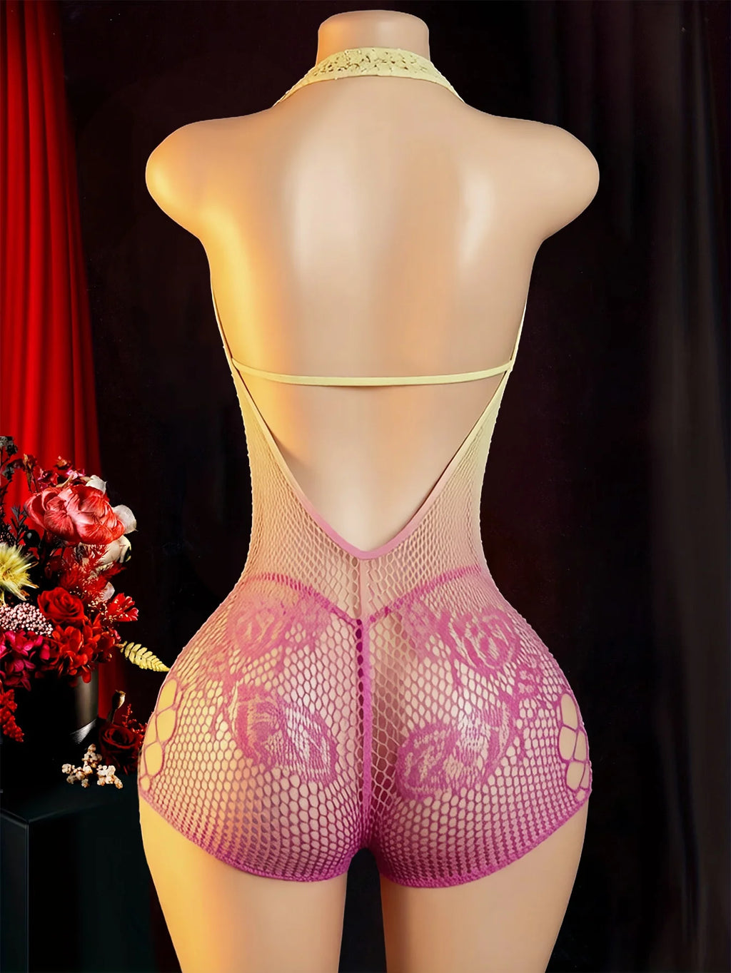 Amaryllis Rhinestone Halter Bra & Pink Fishnet Romper Lingerie Three-piece