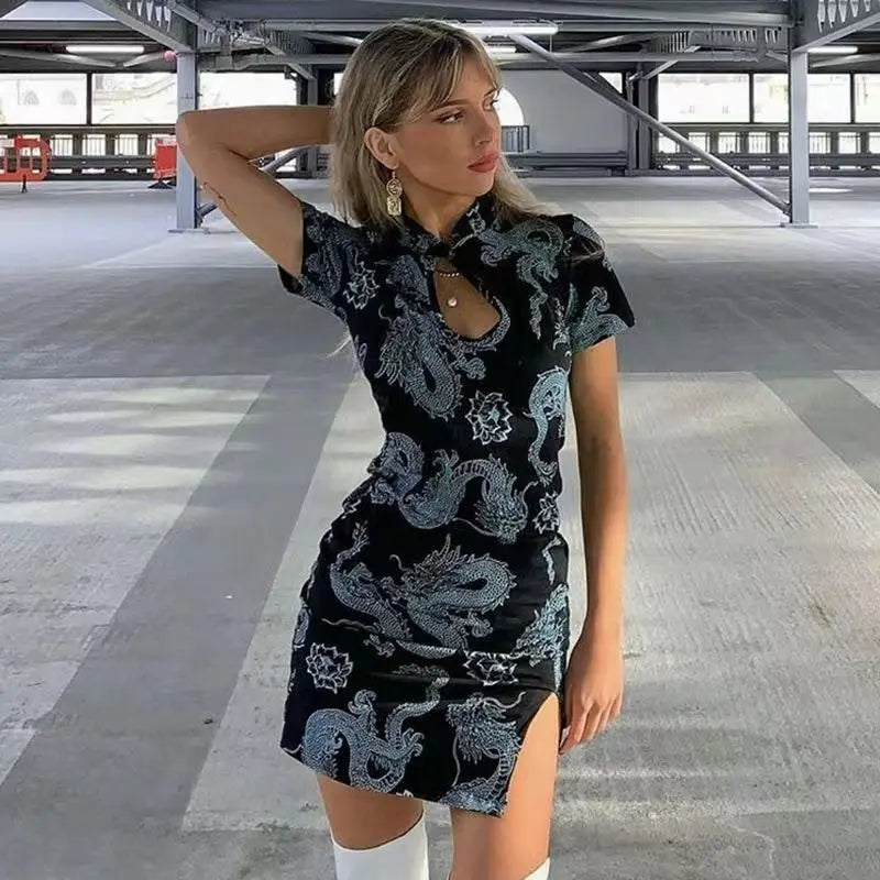 Xiaolan Dragon Print Keyhole Mandarin-Collar Qipao Bodycon Mini Dress