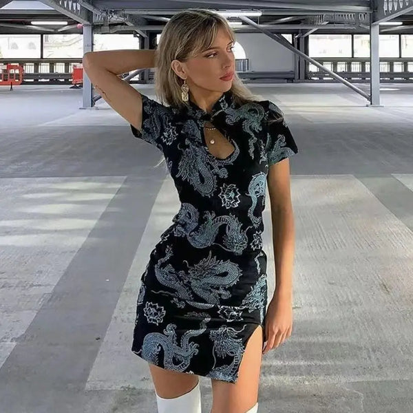 Xiaolan Dragon Print Keyhole Mandarin-Collar Qipao Bodycon Mini Dress