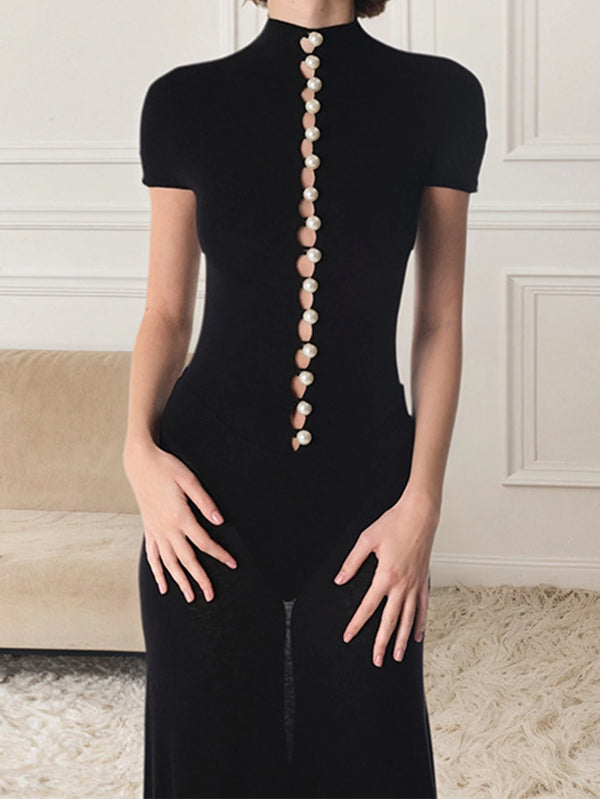 Adelina Sheer-Panel Button Bodycon Maxi Dress