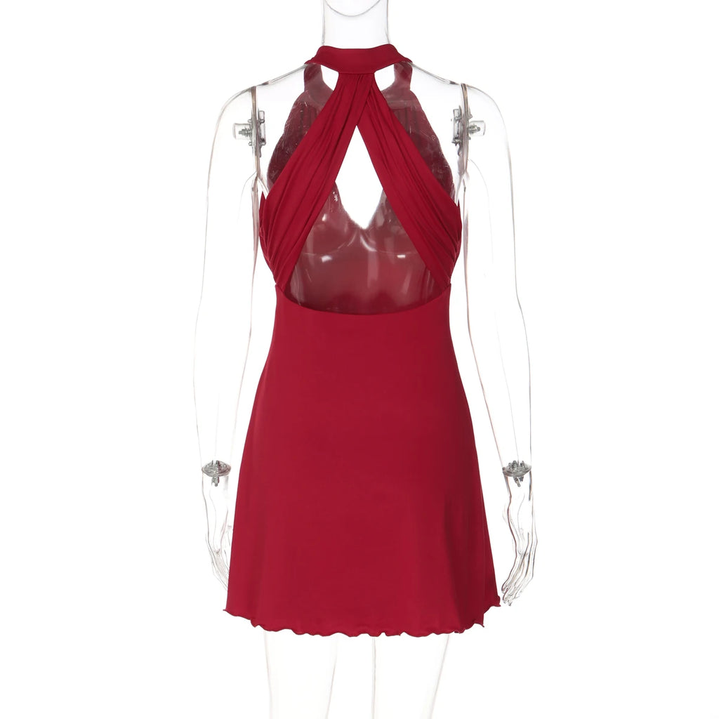 Ruby Ruched Ruffle Halter Mini Dress