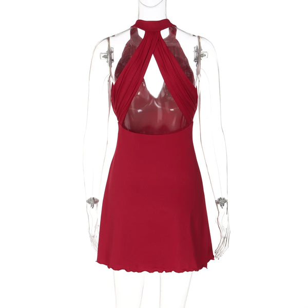 Ruby Ruched Ruffle Halter Mini Dress