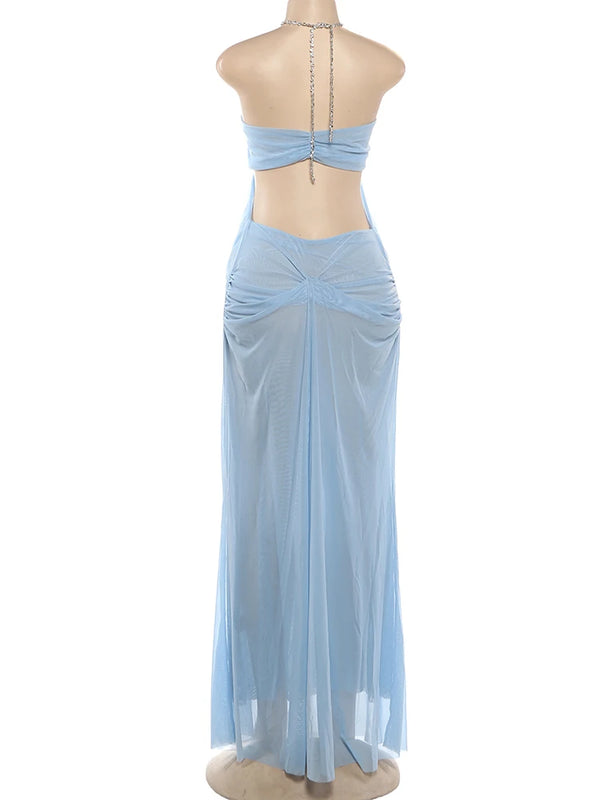 Marisabel Sheer Mesh Chain-Halter Ruched Backless Maxi Dress