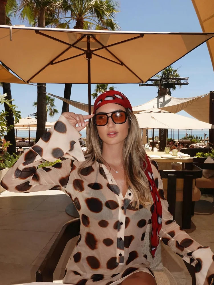 2026 Women Chic Vacation Outfits Fashion Leopard Print Sheer Chiffon Shirt Casual Turn-down Collar Mini Dress & Detachable Scarf Secondary image