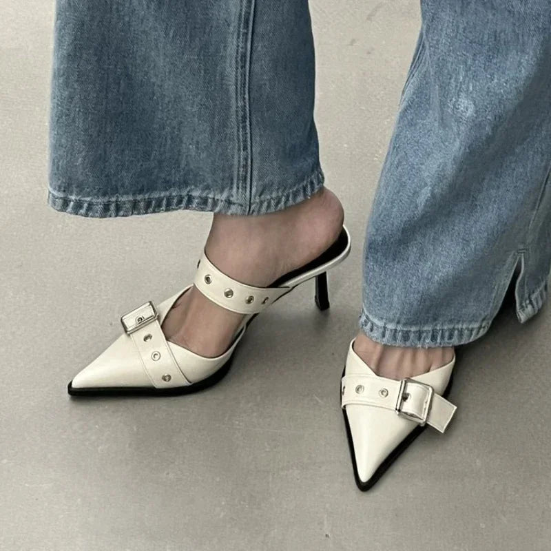 Veda Metal-Buckle Pointed-Toe Heels