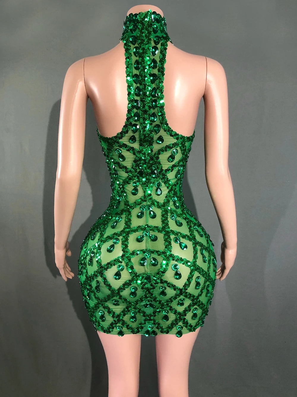 Elettra Rhinestone Sequin Lattice Sheer Mesh Mock-Neck Mini Dress