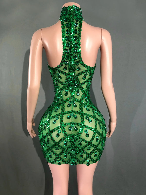Elettra Rhinestone Sequin Lattice Sheer Mesh Mock-Neck Mini Dress