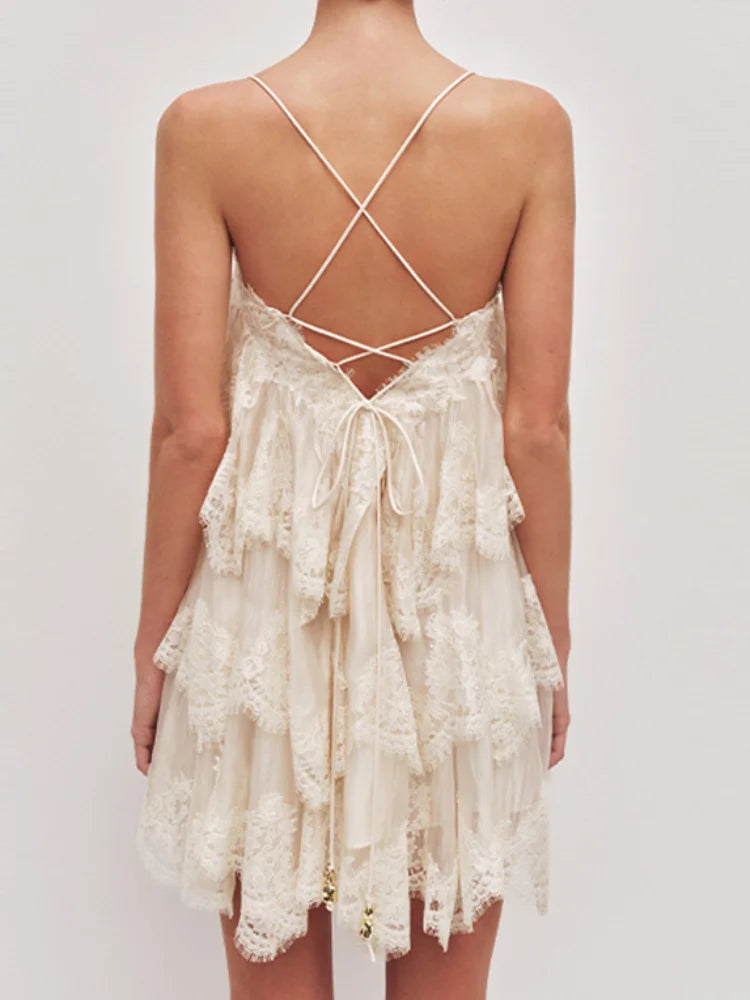 Brielle Ivory Lace Trim Ruffle Mini Dress