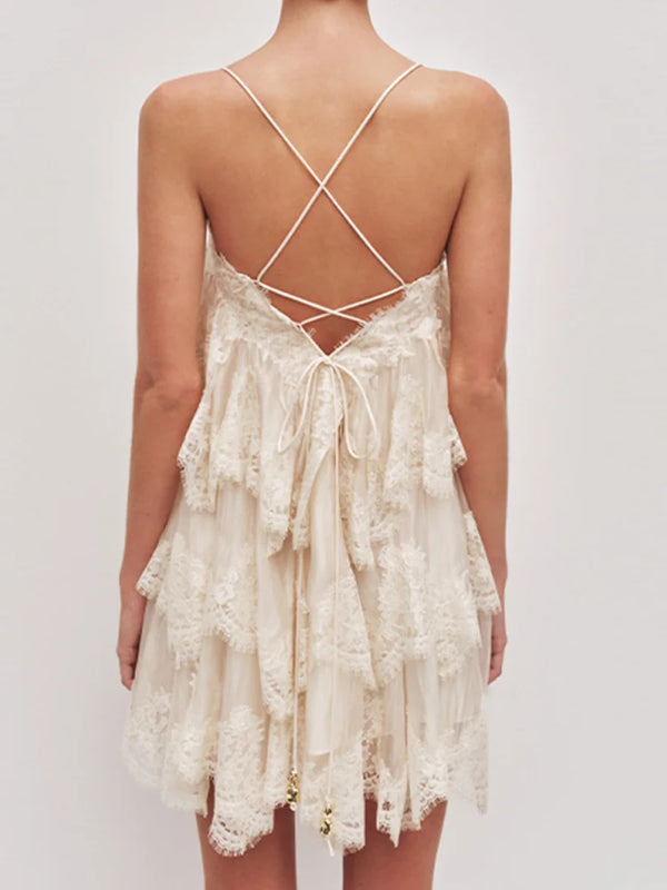 Brielle Ivory Lace Trim Ruffle Mini Dress