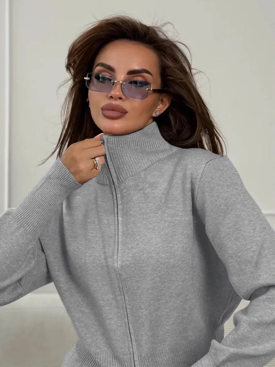 Sigourney Knit Zip-Up Cropped Cardigan & Wide-Leg Pants Two-Piece Set