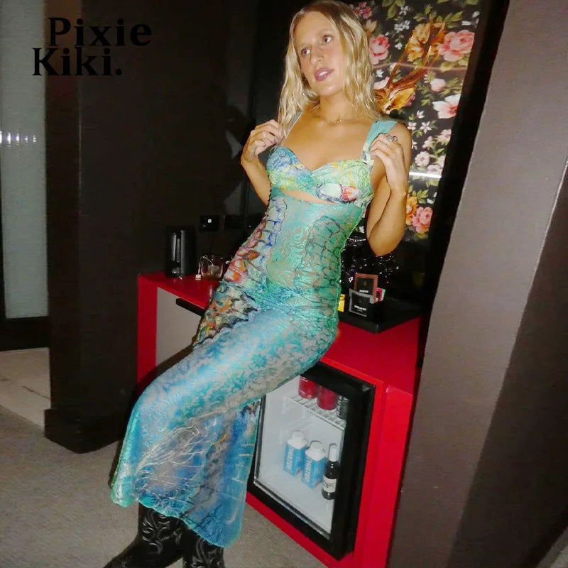 PixieKiki Butterfly Print Lace Mesh Cut Out Dress Transparent Y2k Fairycore Sleeveless Long Summer Dress Womens 2023 C16-DD17