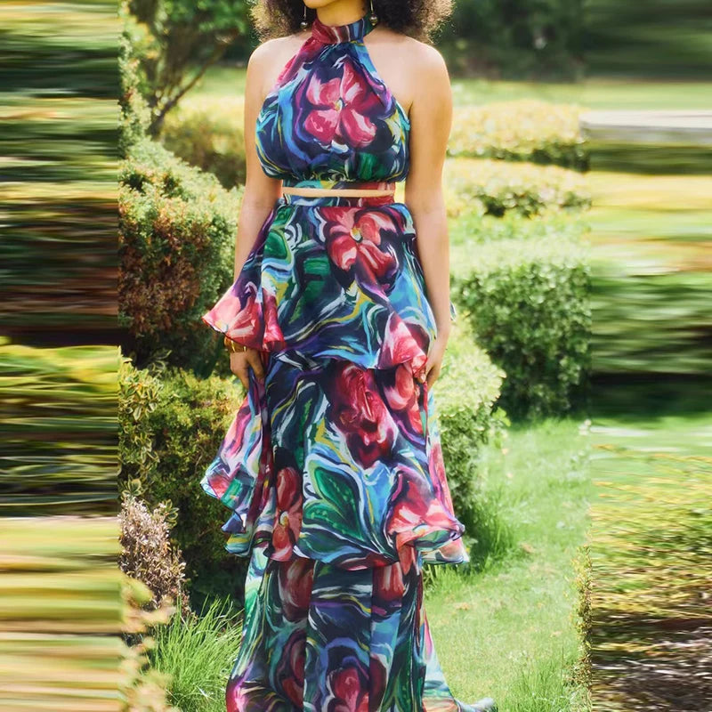 Jolanda Tie-Dye Print Halter Crop Top & Tiered Ruffle Maxi Skirt Secondary image