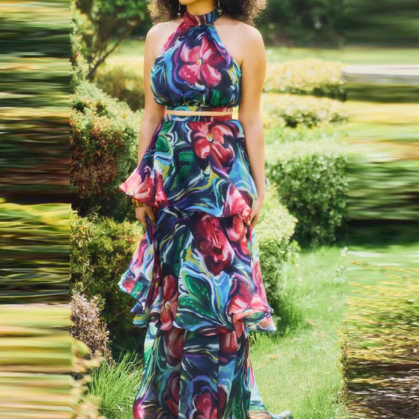 Jolanda Tie-Dye Print Halter Crop Top & Tiered Ruffle Maxi Skirt