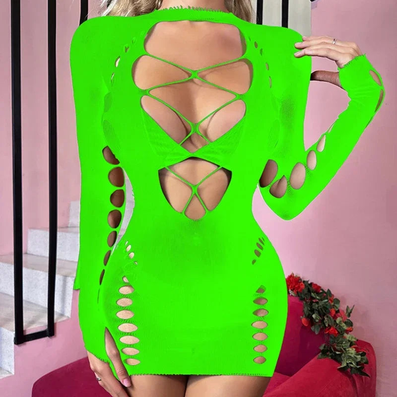 Veronique Long-Sleeve Lace-Up Cutout Fishnet Bodycon Lingerie Mini Dress