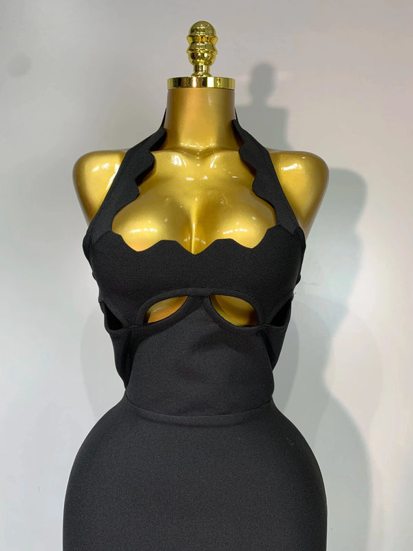 Ornella Scalloped Cutout Halter Bandage Maxi Dress
