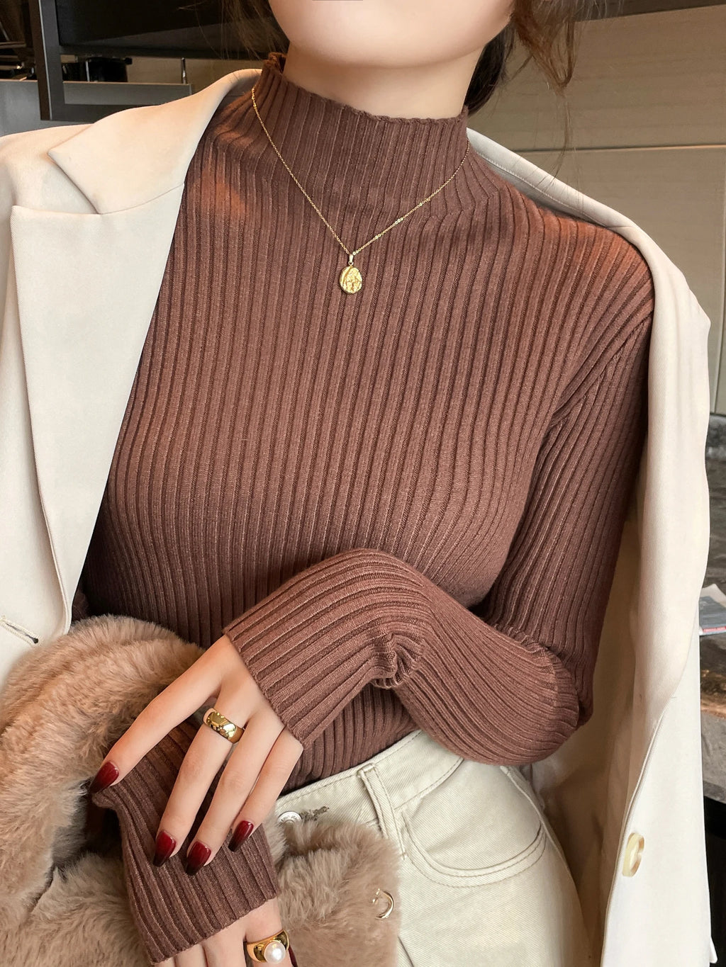 Clementina Slim Twist-Rib Knit Turtleneck Sweater One-piece