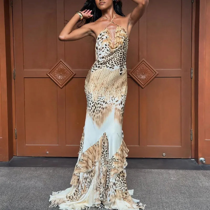 Leocadia Leopard Print Halter Ruffle-Tier A-Line Maxi Dress