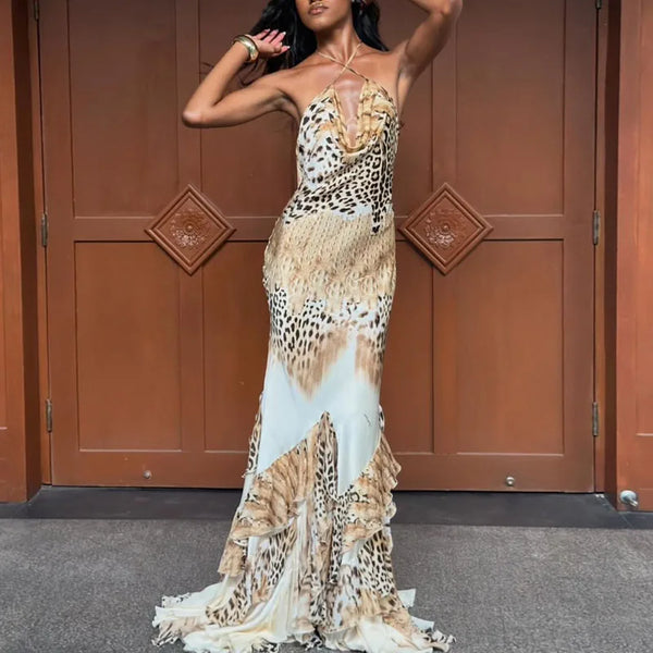 Leocadia Leopard Print Halter Ruffle-Tier A-Line Maxi Dress
