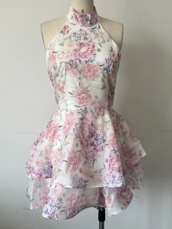 Floriane Floral Bow Backless Slip Mini Dress