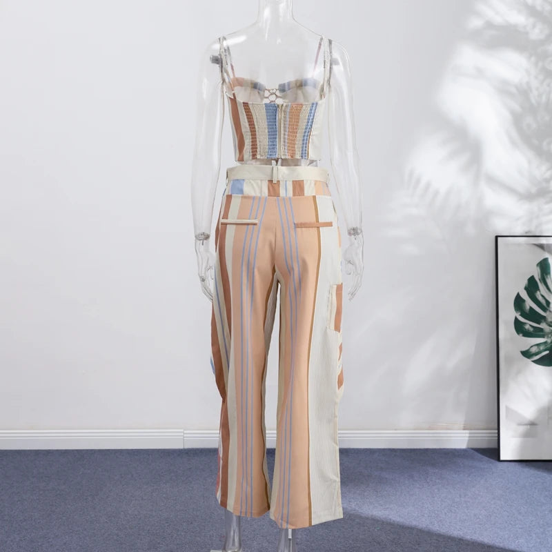 Valentina Striped Lace-Up Tube Top & Wrap Wide-Leg Pants Two-piece