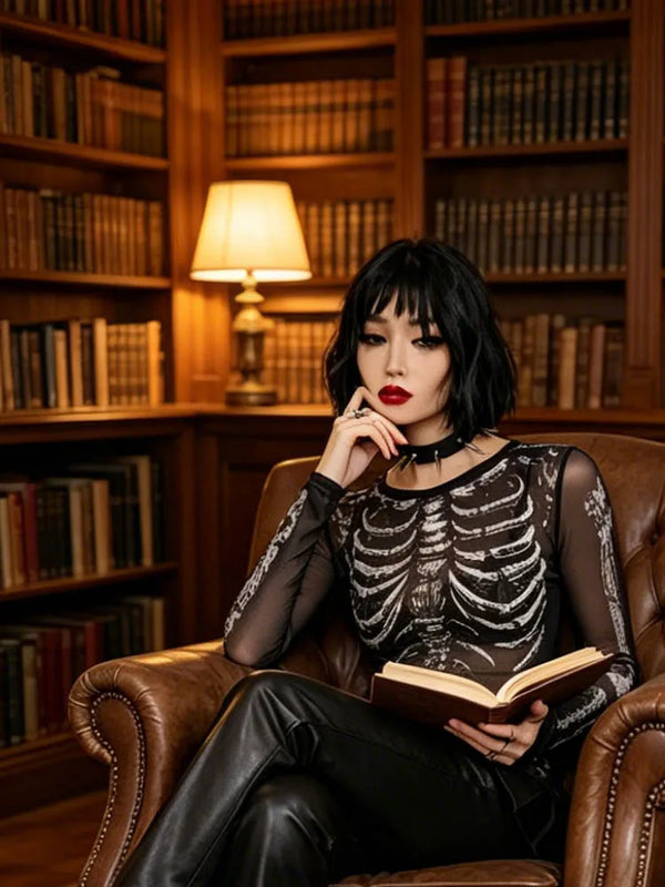 Morticia Skeleton Print Sheer Mesh Long-Sleeve Top One-piece