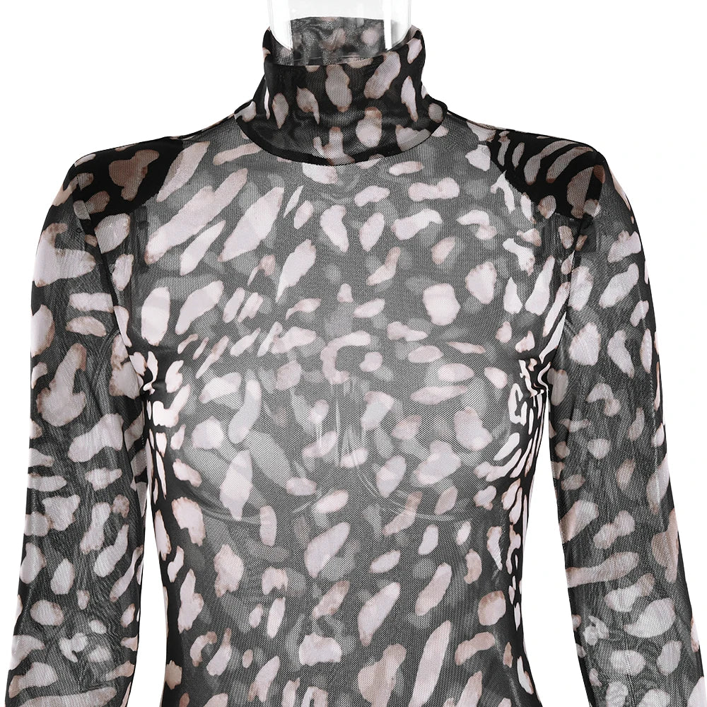 Mireille Sheer Leopard Long-Sleeve Mini Dress