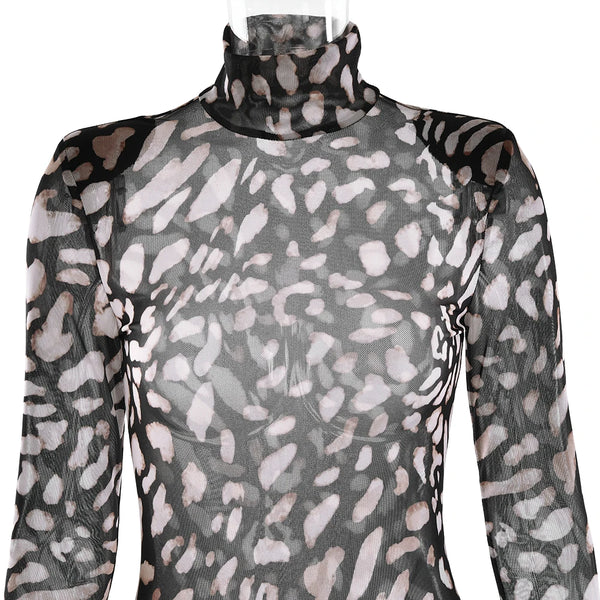 Mireille Sheer Leopard Long-Sleeve Mini Dress