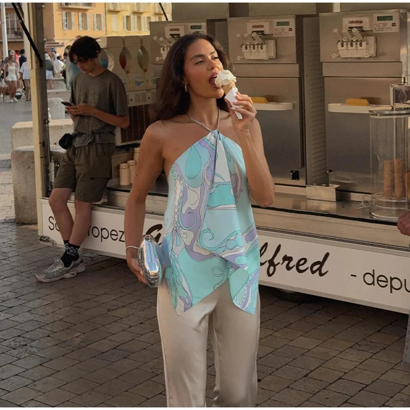Ermengarde Print Halter Bow Backless Top & Long Skirt Set