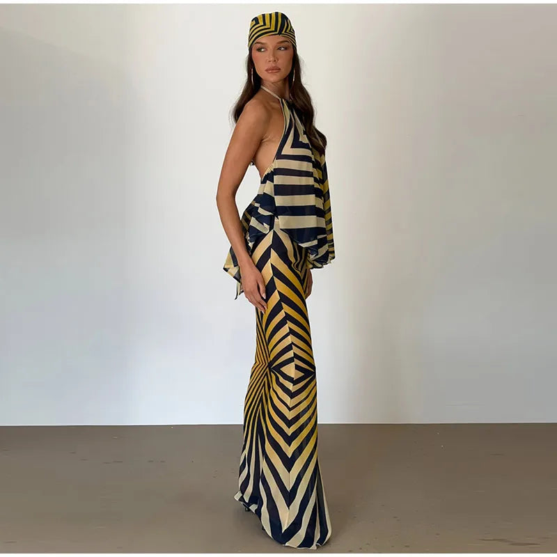 Marisela Retro Geometric Stripe Halter Backless Top & Flare Pants Two-piece