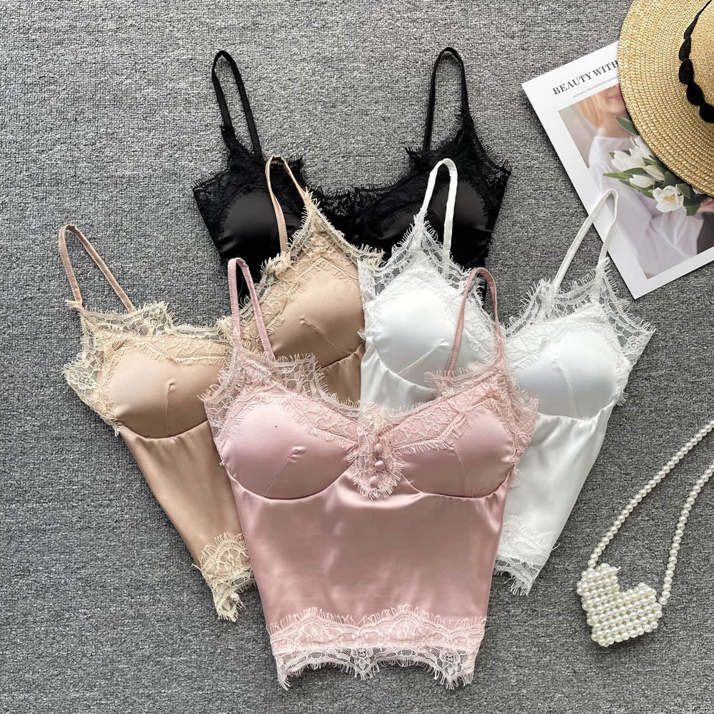 Women Satin Splicing Lace Camis Back Folds Tank Top Pink With Chest Pad Corset Backless Sleeveless Slim Bralette Sexy Crop Tops