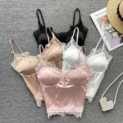 Women Satin Splicing Lace Camis Back Folds Tank Top Pink With Chest Pad Corset Backless Sleeveless Slim Bralette Sexy Crop Tops