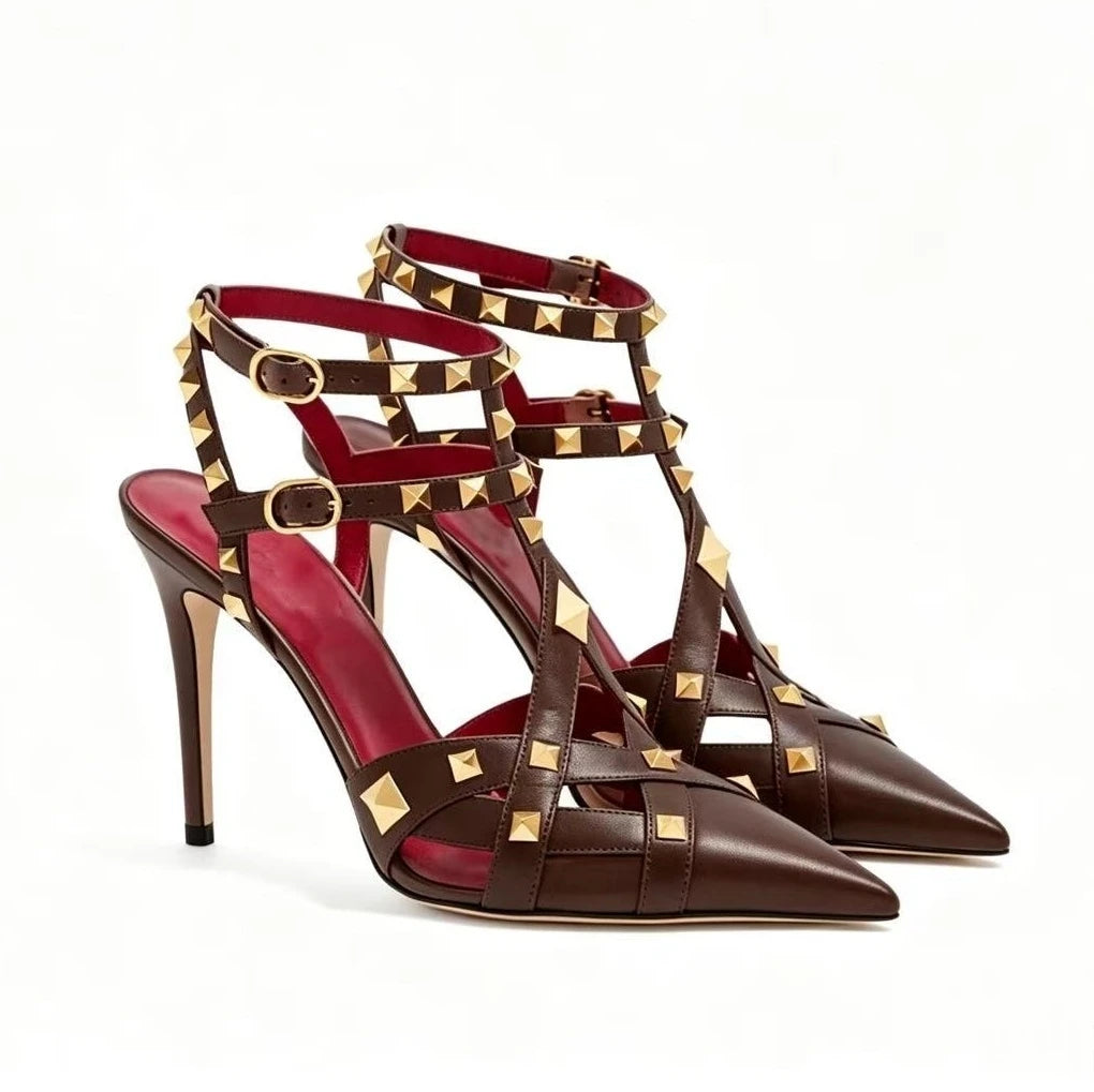 European and American Sexy Studded Pointed Fashion Stage Runway Shoes with French Style Toe Closure Buckle Strap Women's Sandals