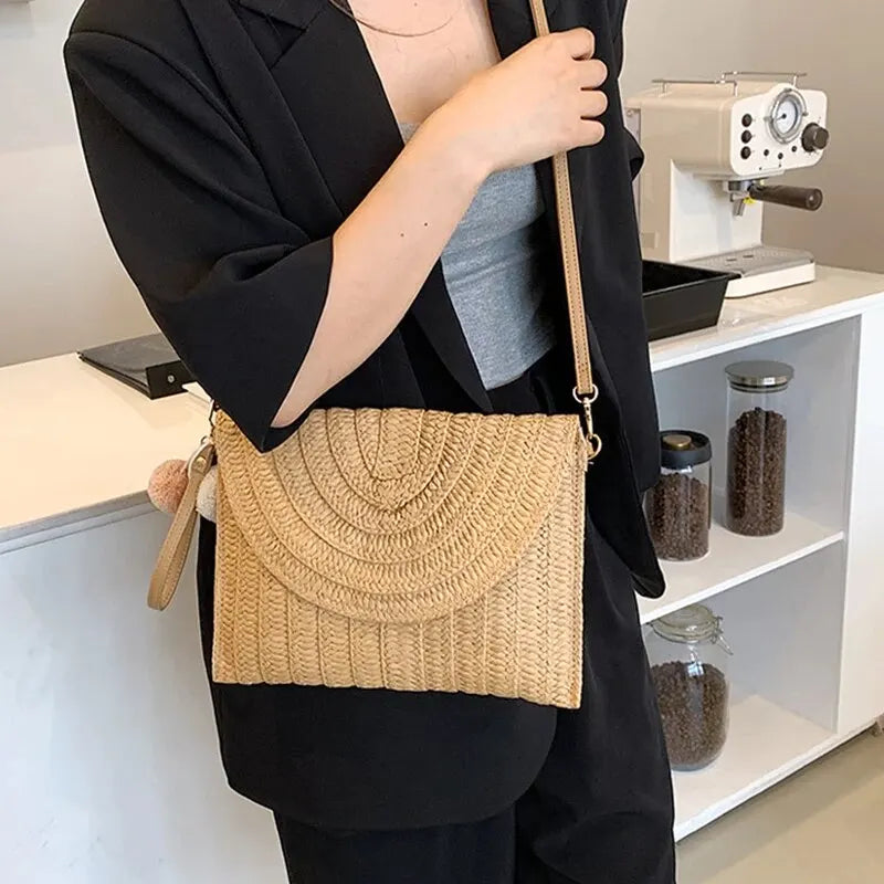 Soleil Woven Straw Envelope Crossbody Bag