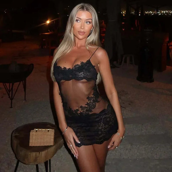 Verbena Sheer Lace Appliqué Mesh Cami Bodycon Mini Dress