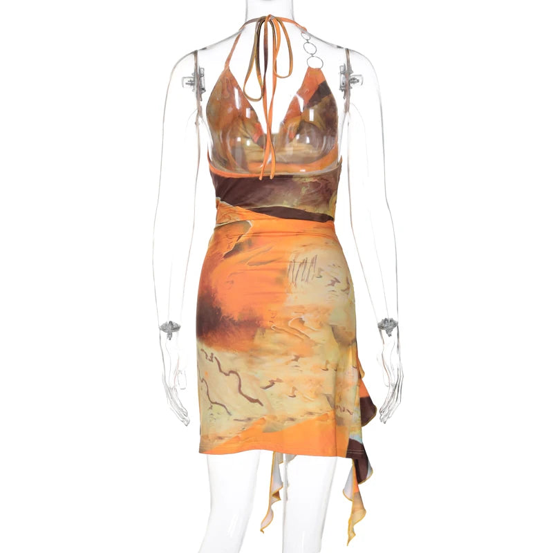 Eliana Scenery-Print Halter Ruffle Mini Dress
