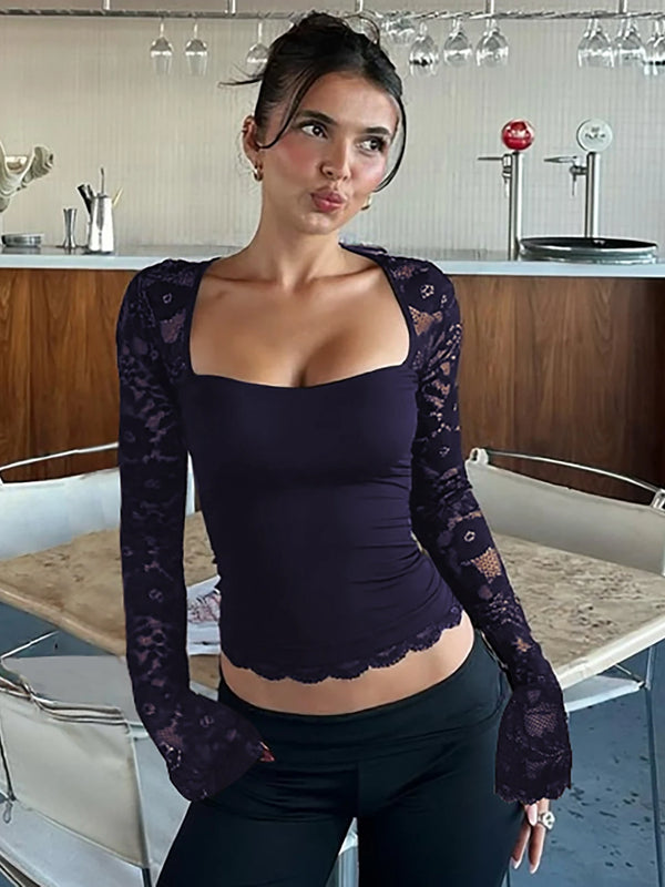 Isabella Midnight Lace Long Sleeve Square Neck Top