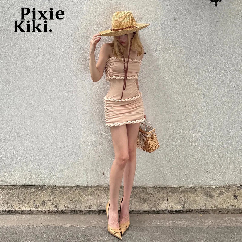 PixieKiki Twisted Bandage Bodycon Dress Pink Sexy Strapless Backless Mini Dresses for Woman Clothes Summer 2026 P94-DE64