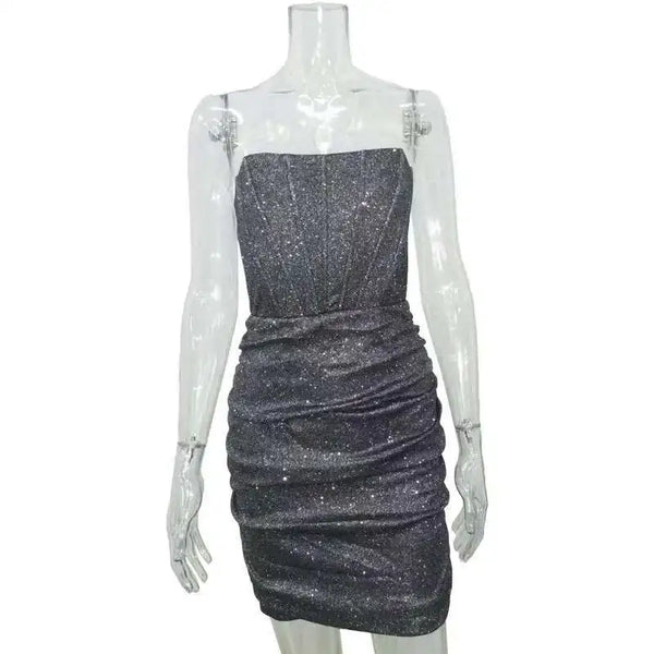 Aurelina Glitter Strapless Ruched Bodycon Mini Dress