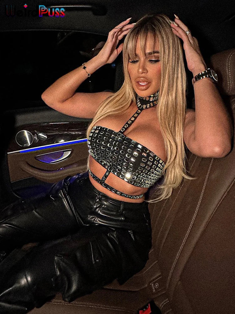 Tullia Rhinestone Halter Choker Backless Crop Tube Top One-piece
