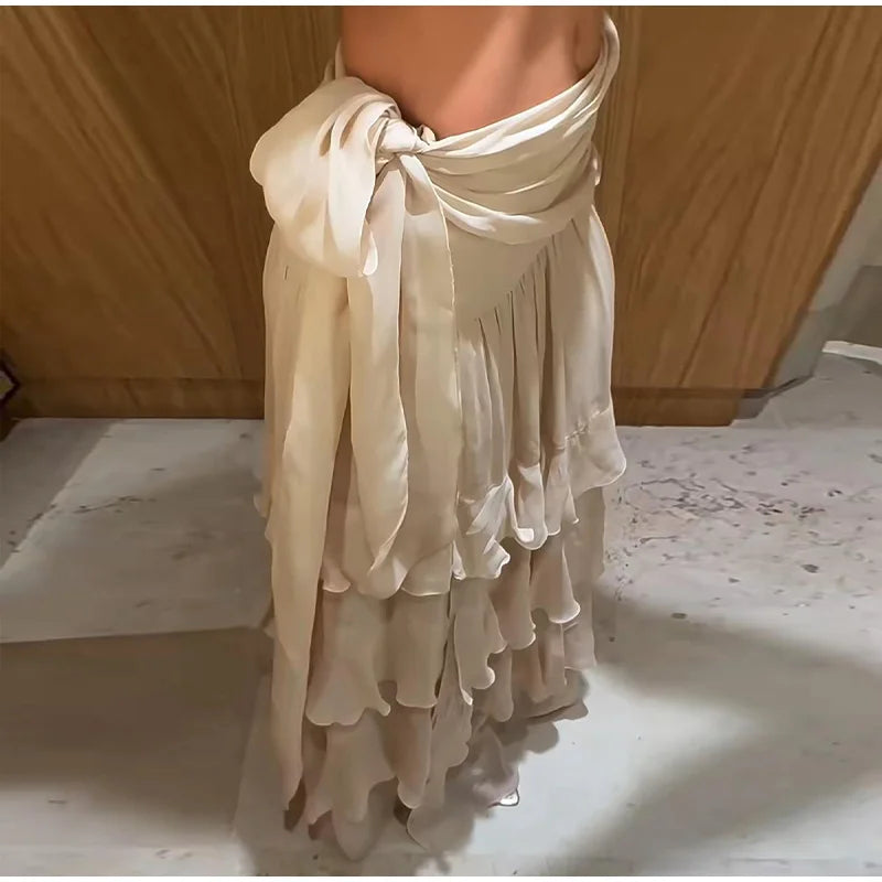 Leokadia Layered Ruffle Tiered Tie-Waist Side-Slit Maxi Skirt One-piece