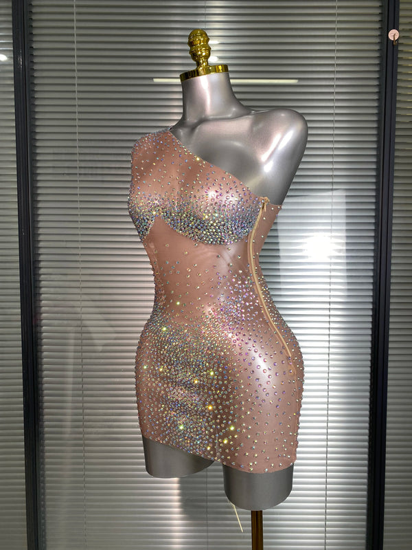 Celeste Crystal One-Shoulder Mini Dress