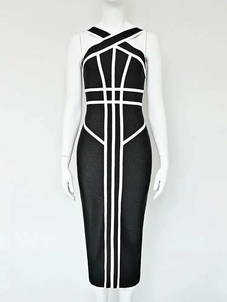 BEAUKEY Classic White And Black Stripes Bandage Long Evening Dress Luxury Contrast Vintage Woman Bodycon Elastic Dress Slim Midi