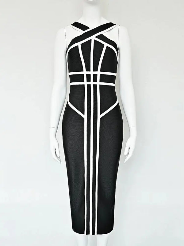 BEAUKEY Classic White And Black Stripes Bandage Long Evening Dress Luxury Contrast Vintage Woman Bodycon Elastic Dress Slim Midi