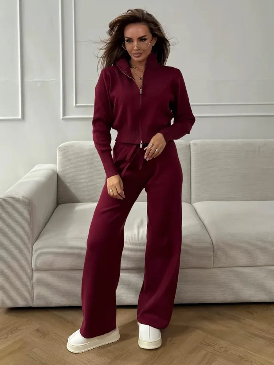 Sigourney Knit Zip-Up Cropped Cardigan & Wide-Leg Pants Two-Piece Set