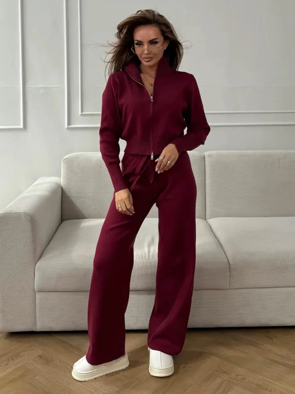Sigourney Knit Zip-Up Cropped Cardigan & Wide-Leg Pants Two-Piece Set