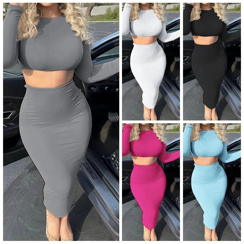 Natalia Long-Sleeve Crop Top and Midi Skirt Set